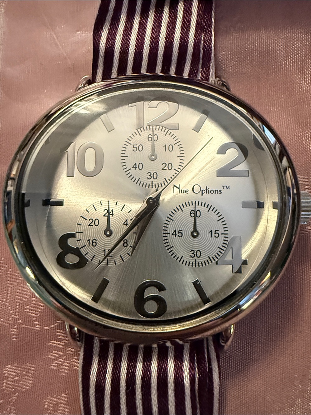 Nue Options Silver Dial Watch with Burgundy & White Striped Strap